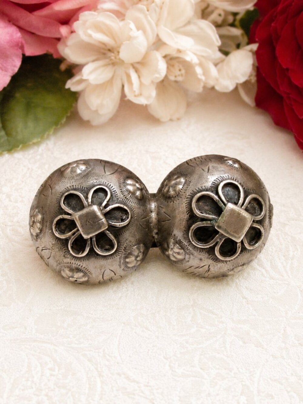 VICTORIAN Silver Button Brooch: ANTIQUE Floral Remembrance Jewelry